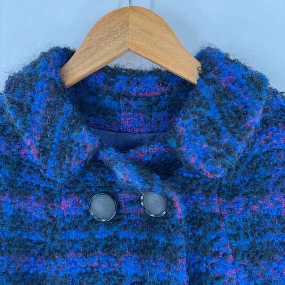 Vintage‎ Womens Blue Purple Plaid Boucle Knit Double Breasted Coat Size Small